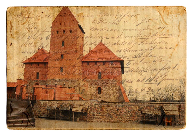 Vintage postcard of old Trakai castle. Vintage postcard of old Trakai castle