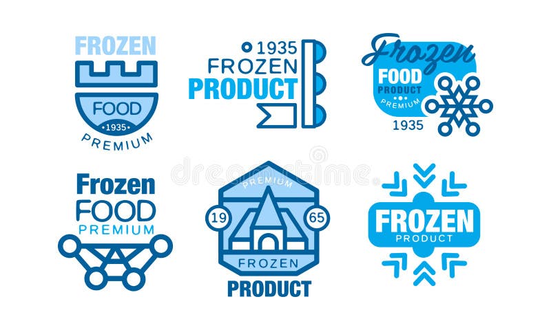 Сбор подписей замороженных продуктов, иллюстрация вектора значков premium продукта голубой иллюстрация штока