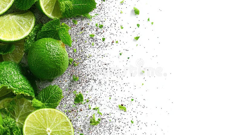Свежая листва лайма и мяты с черным перкорном на белом фоне для кулинарного использования иллюстрация вектора