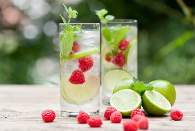 Fresh cold drink water ice cubes peppermint lime raspberry outdoor summer. Fresh cold drink water ice cubes peppermint lime raspberry outdoor summer