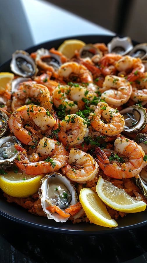 Свежий блюд из морепродуктов с устрицами креветок и лимонными клиньями. пик стоковое фото rf