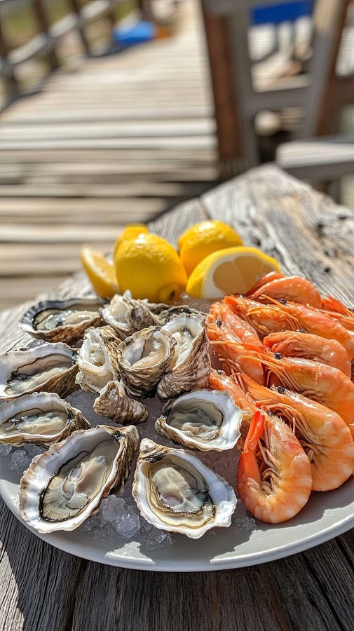 Свежий блюд из морепродуктов с устрицами креветок и лимонными клиньями. пик стоковые фотографии rf