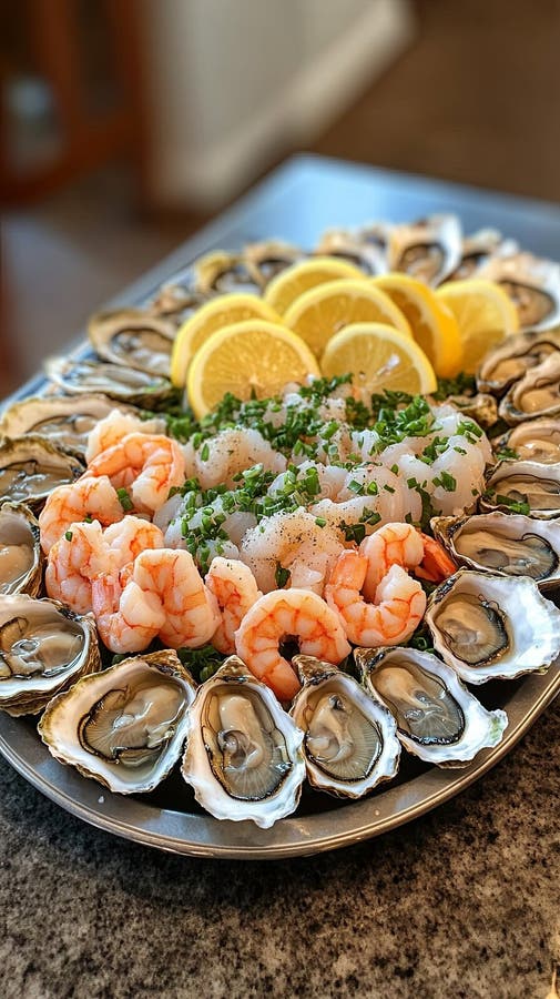 Свежий блюд из морепродуктов с устрицами креветок и лимонными клиньями. стоковая фотография