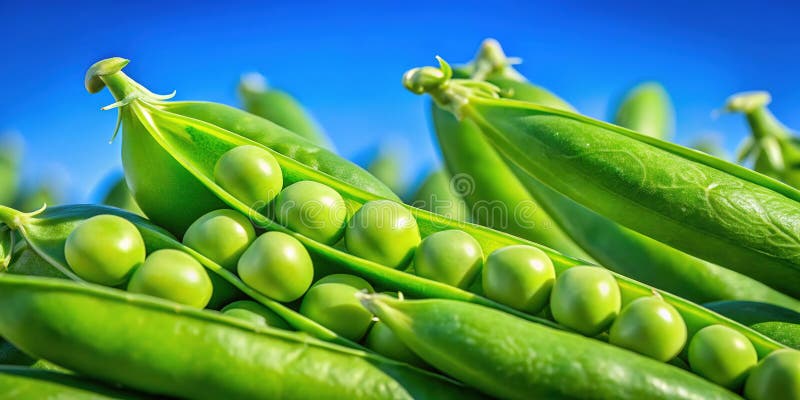 Свежий зеленый горох на фоне яркого летнего неба Вкусный урожай из сада иллюстрация вектора