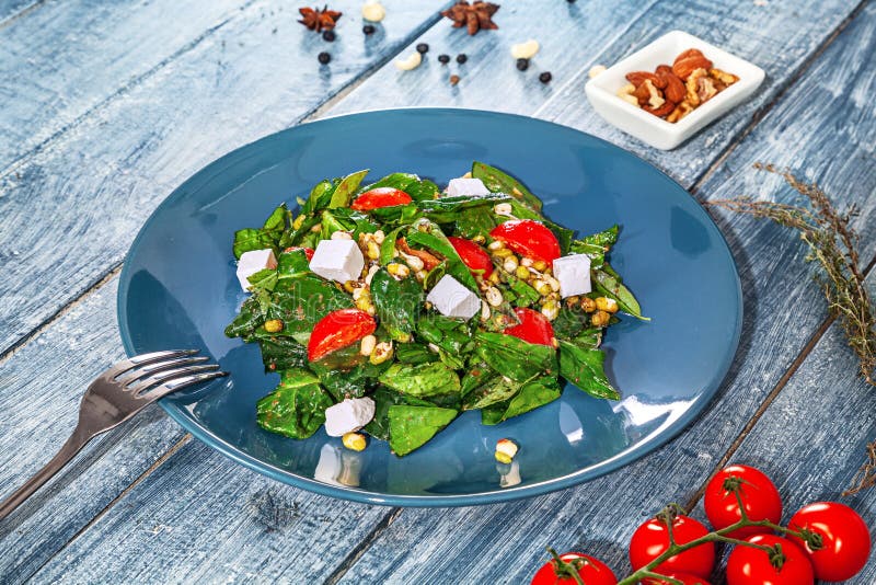 Свежий зеленый салат vegan, который служат в голубой плите на голубой деревянной предпосылке с ingridents шпинат, нут, сыр E стоковое фото rf Свежий зеленый салат vegan, который служат в голубой плите на голубой деревянной предпосылке с ingridents шпинат, нут, сыр E стоковое фото rf