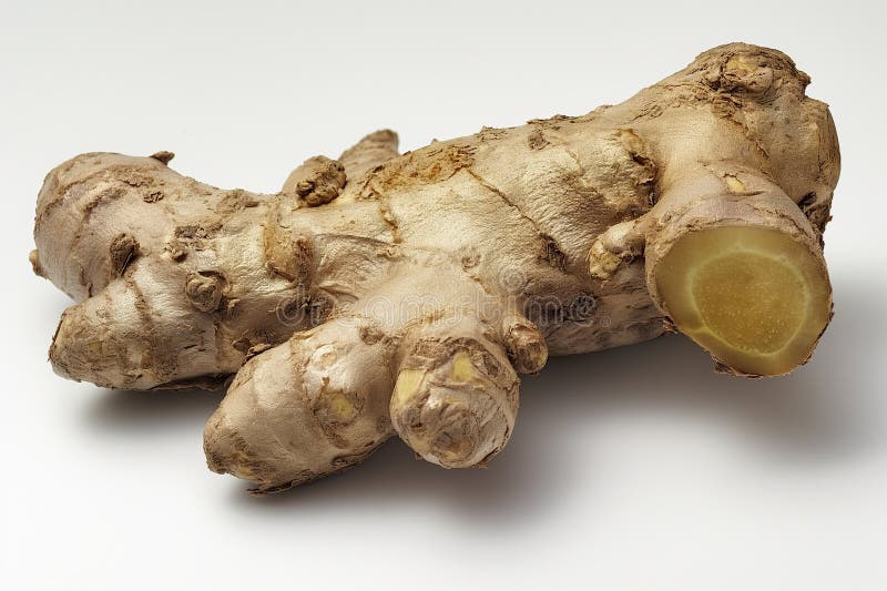 A whole ginger root shown with a textured surface and a cut end, isolated on a white backdrop AI generated. A whole ginger root shown with a textured surface and a cut end, isolated on a white backdrop AI generated