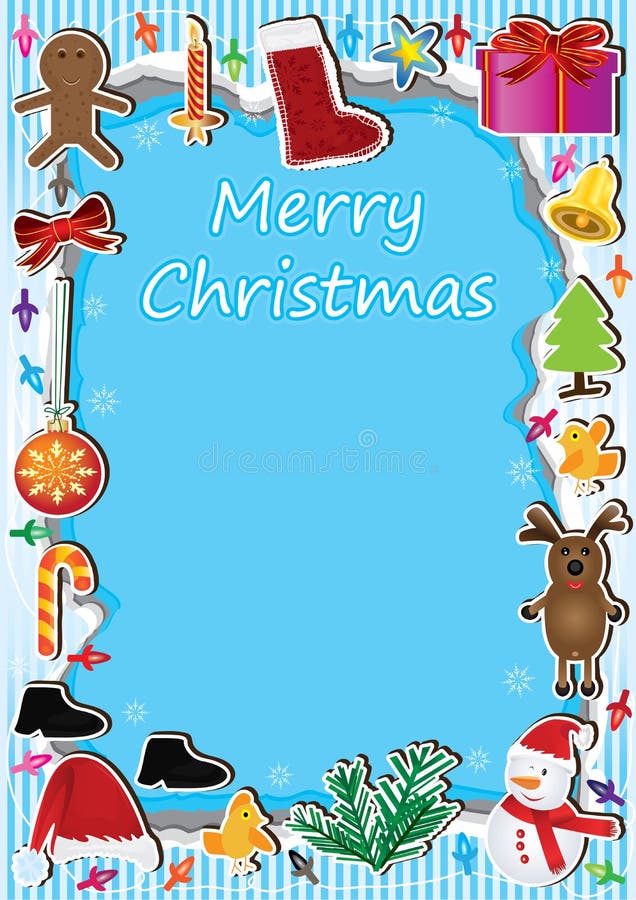 This illustration is Christmas items frame around the colorful light with Merry Christmas words card. This illustration is Christmas items frame around the colorful light with Merry Christmas words card.