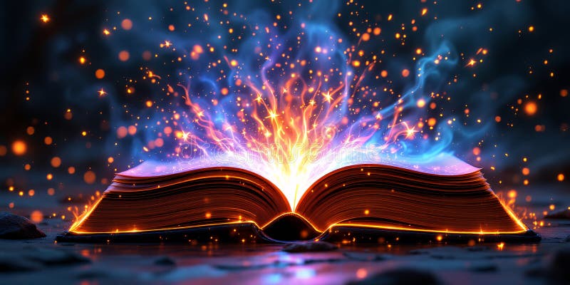 Светящаяся Древняя Книга, Излучающая Волшебные Искры И Свет В Темной Фантазии бесплатная иллюстрация
