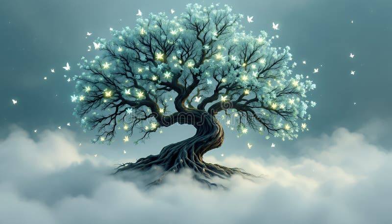 Светящееся дерево в облаках : Цифровое изображение Ethereal бесплатная иллюстрация