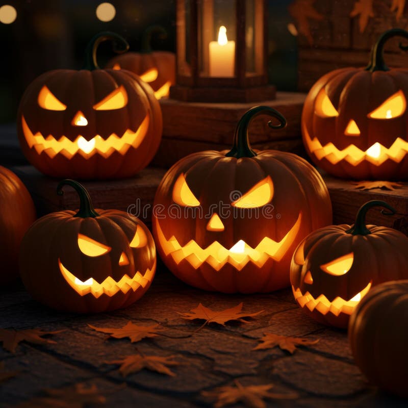 Светящиеся JackoLanterns в тёмную осеннюю ночь иллюстрация вектора
