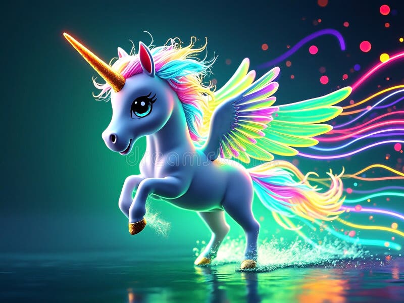 светящийся 3d мультфильм 'единорог' с крыльями и радужными окрасками иллюстрация вектора