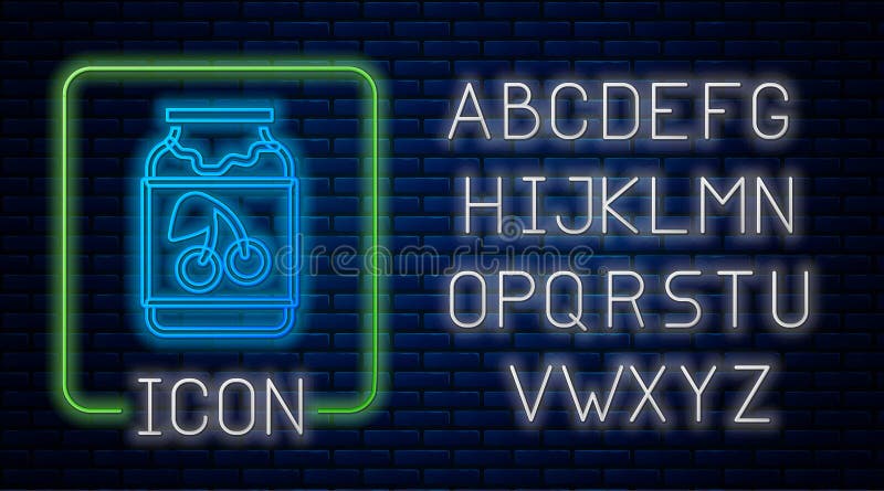 светящийся значок neon jam jar изолирован на фоне кирпичной стены. неоновый алфавит. вектор иллюстрация вектора
