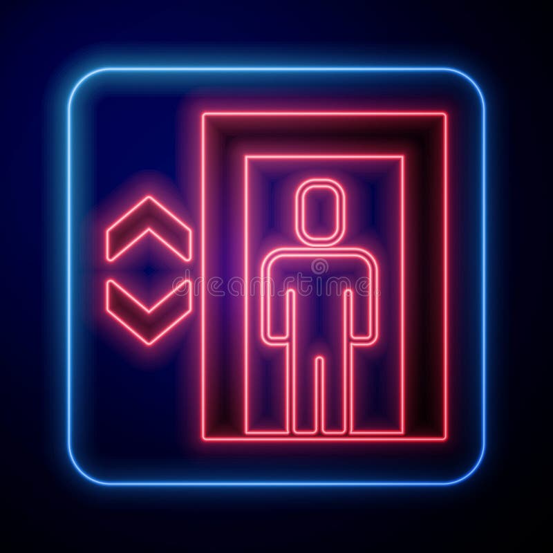 светящийся значок неонового лифта на черном фоне. символ лифта. вектор иллюстрация штока
