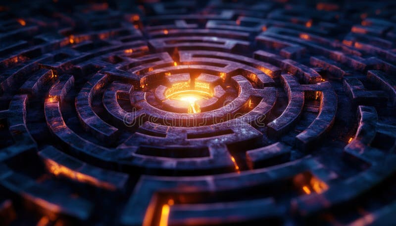 светящийся лабиринт, визуализирующий упорство, преодолевающее препятствия и открывающее себя через путь сложных бесплатная иллюстрация