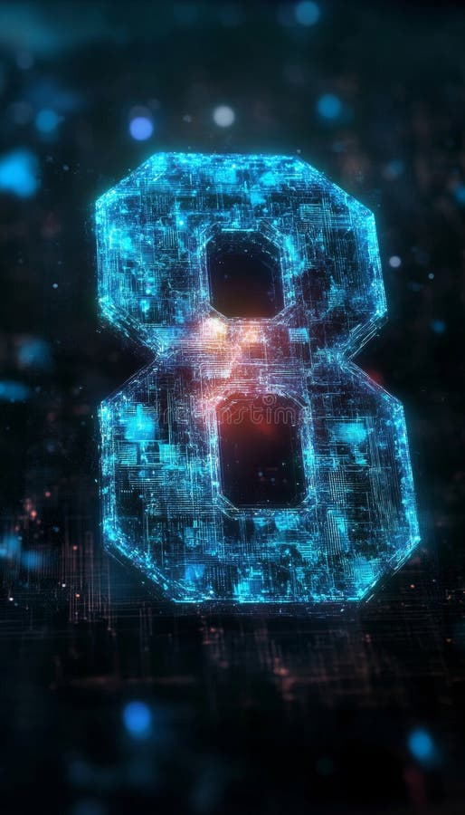 светящийся футуристический цифровой номер 8 a 3d рендеринг изолирован на абстрактном технологическом фоне. иллюстрация вектора