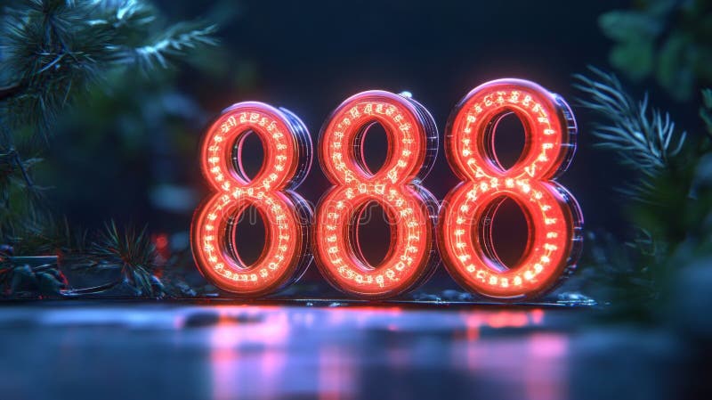 светящийся цифровой 3d номер 888 в стиле киберпанк с абстрактными неоновыми фонарями и отражениями иллюстрация штока