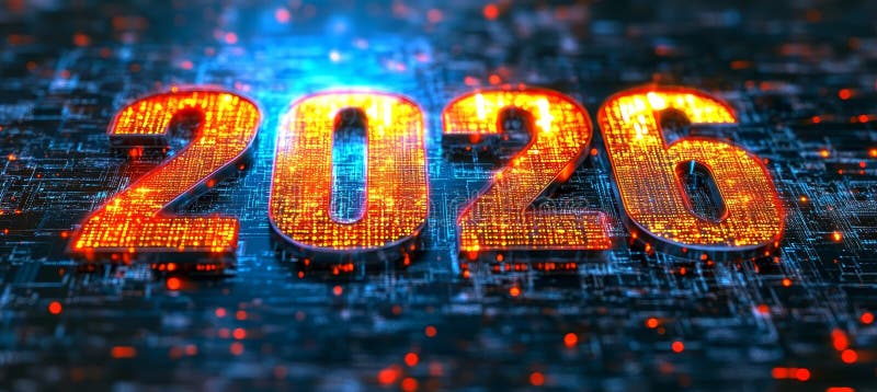 светящийся цифровой 3d номер 2026 на футуристическом абстрактном фоне с технологическим стилем иллюстрация штока
