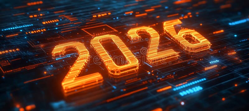 светящийся цифровой номер 2026 года на фоновой трехмерной рендеринге футуристической платы иллюстрация штока