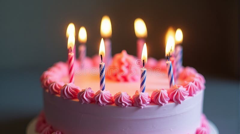 Свечение дня рождения : Розовый торт с литыми свечами, созданный с помощью ИИ иллюстрация штока