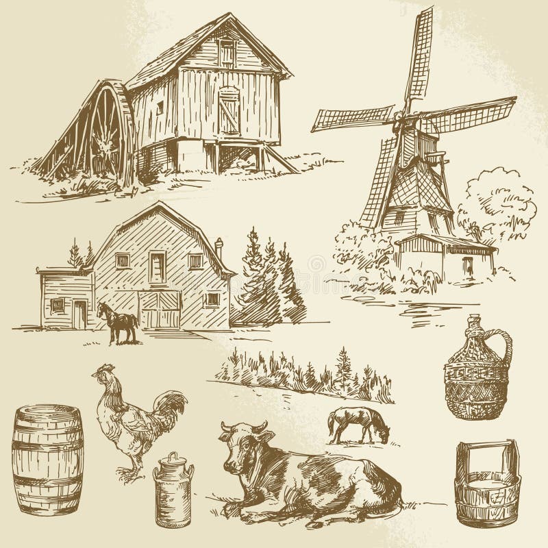 Rural landscape, farm - hand drawn windmill and watermill. Rural landscape, farm - hand drawn windmill and watermill