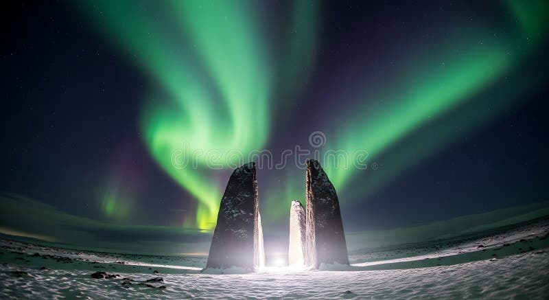Северное сияние Aurora Borealis освещает ночное небо яркими зелеными оттенками. бесплатная иллюстрация