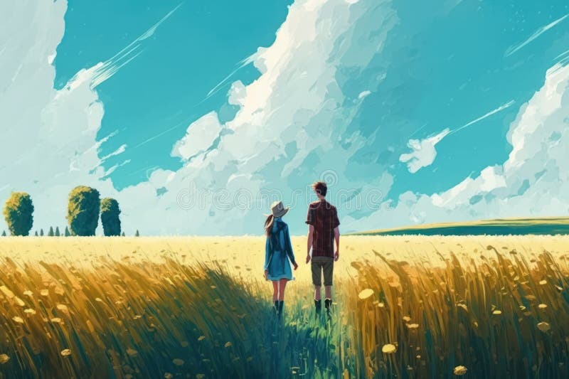 сельская сцена. пара гуляет на улице. красивое творческое искусство. генеративный помощник иллюстрация вектора