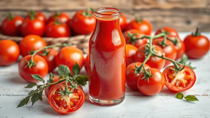 сельский шарм свежих томатных соков в стеклянной бутылке, яркий летний напиток, идеально подходящий для здорового образа жизни бесплатная иллюстрация