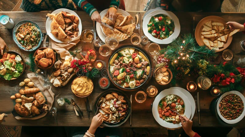 семья и друзья наслаждаются вкусным разнообразием праздничных блюд за столом. аи иллюстрация штока