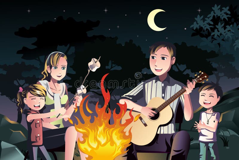 A vector illustration of a happy family having a bonfire outdoor. A vector illustration of a happy family having a bonfire outdoor