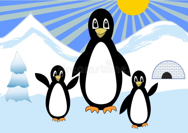 Семья на прогулке в снежной приполюсной сельской местности, penquins пингвинов бормочет с 2 детьми шарж птицы милый бесплатная иллюстрация Семья на прогулке в снежной приполюсной сельской местности, penquins пингвинов бормочет с 2 детьми шарж птицы милый бесплатная иллюстрация