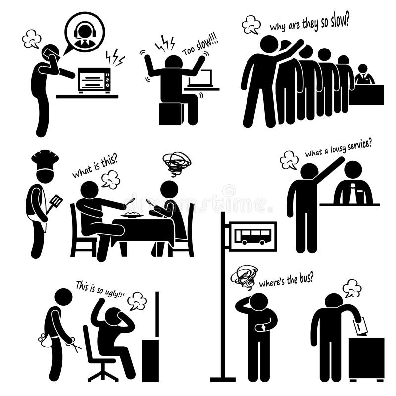 A set of pictograms representing angry customers complaining about the poor services and products they received. A set of pictograms representing angry customers complaining about the poor services and products they received.