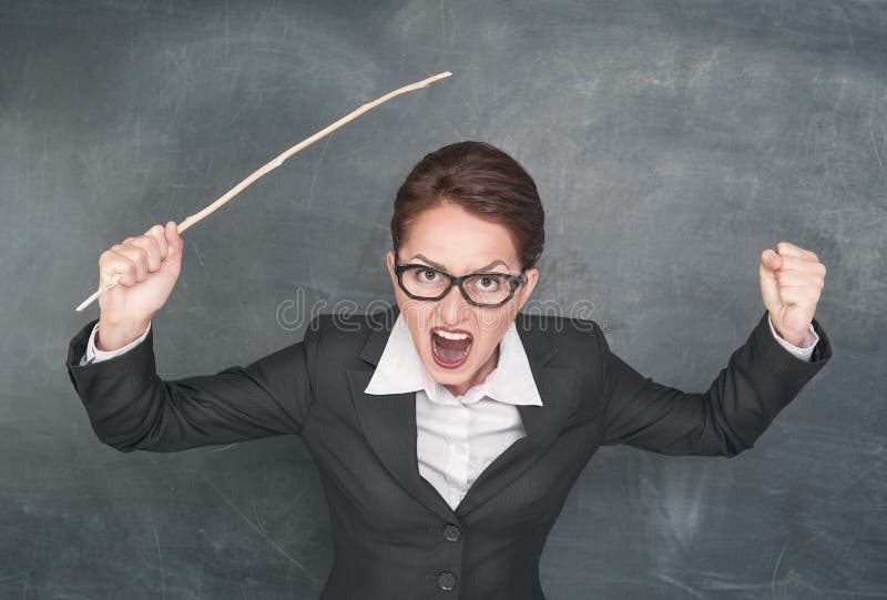 Angry screaming teacher with wooden stick. Angry screaming teacher with wooden stick