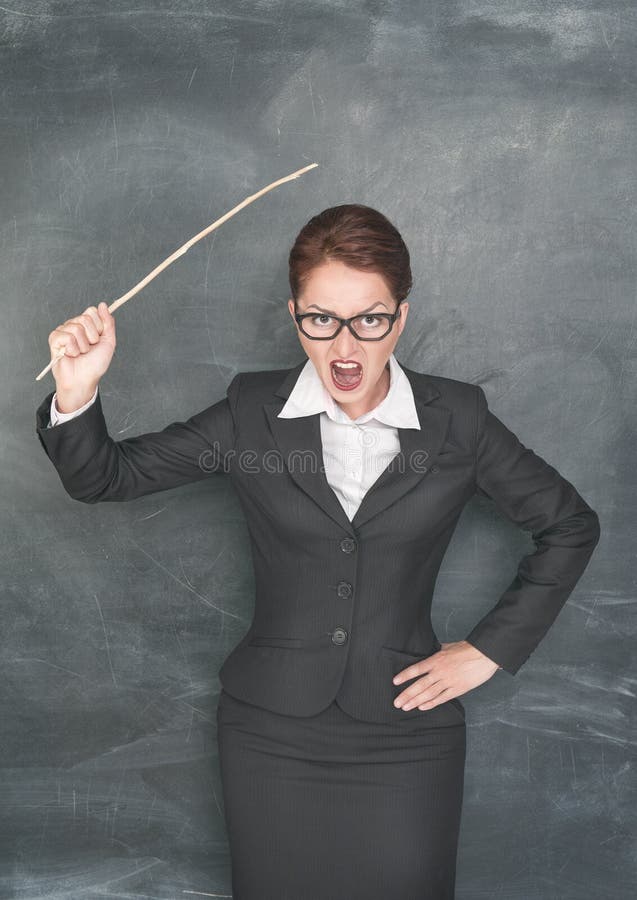 Angry screaming teacher with wooden stick. Angry screaming teacher with wooden stick