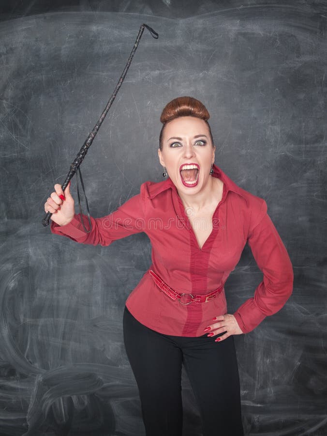 Angry screaming teacher with whip on her hand. Angry screaming teacher with whip on her hand