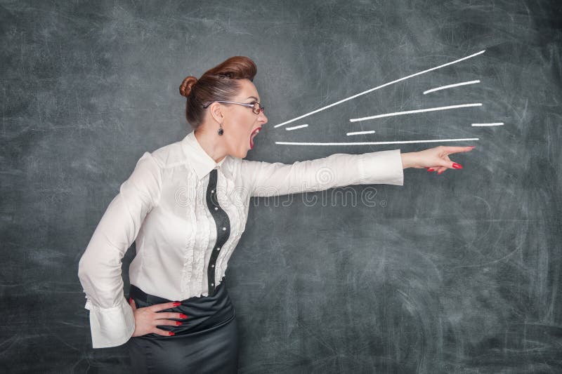 Angry screaming teacher in glasses pointing out. Angry screaming teacher in glasses pointing out