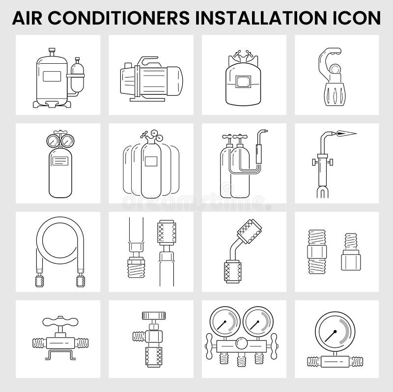 Illustration vector sets of tools or equipment for working with air conditioners installation-modification-maintenance-repairing-service works. Illustration vector sets of tools or equipment for working with air conditioners installation-modification-maintenance-repairing-service works