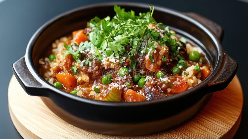 Сердечно медленная говядина тушеная с овощами и свежими травами в черной горшке иллюстрация штока