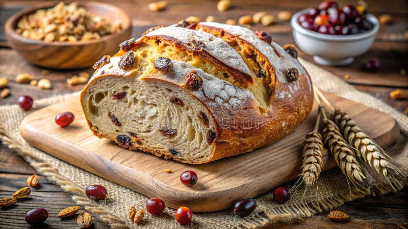 Сердечный домашний хлеб с лещинными орехами и сушеной вишней вкусный и питательный здоровый рецепт выпечки иллюстрация штока