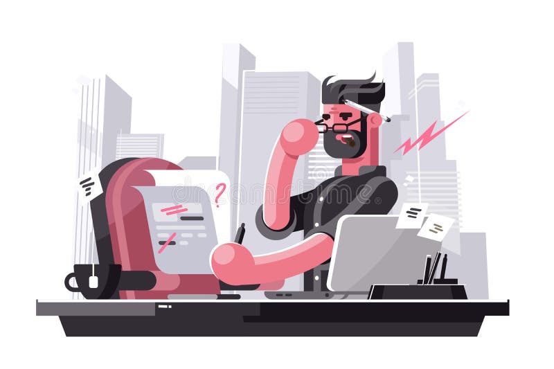 Angry art director vector illustration. Evil boss sitting at workplace in office and correcting mistakes in text flat style concept. Creative man dissatisfied with work of subordinates. Angry art director vector illustration. Evil boss sitting at workplace in office and correcting mistakes in text flat style concept. Creative man dissatisfied with work of subordinates