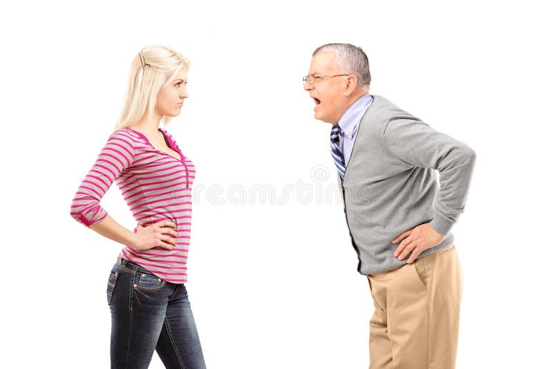 Angry father shouting at his daughter isolated on white background. Angry father shouting at his daughter isolated on white background