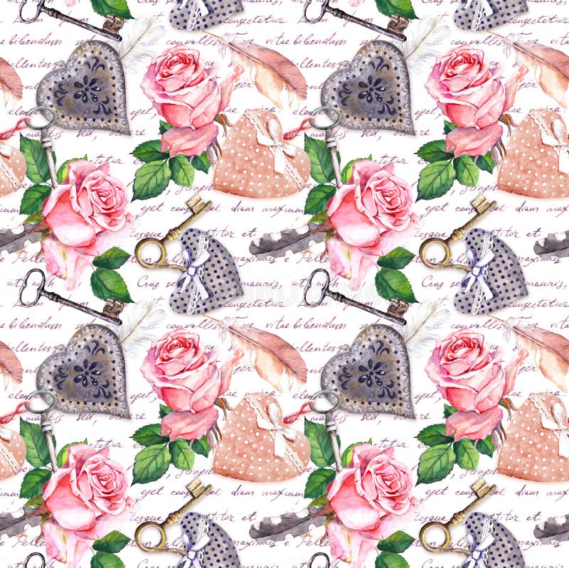 Hearts, pink roses flowers, vintage feathers, keys on paper texture with hand written notes. Seamless pattern in vintage style. Watercolour. Hearts, pink roses flowers, vintage feathers, keys on paper texture with hand written notes. Seamless pattern in vintage style. Watercolour