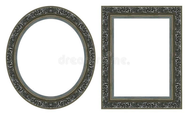 Oval and rectangular silver picture frame with a decorative pattern. Oval and rectangular silver picture frame with a decorative pattern