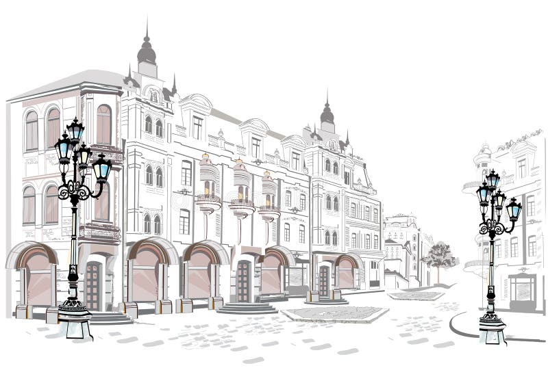 Series of street views in the old city. Hand drawn vector architectural background with historic buildings. Series of street views in the old city. Hand drawn vector architectural background with historic buildings.