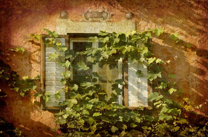 Artistic work of my own in retro style - Postcard from Italy. - Window with ivy - Chiuso. Artistic work of my own in retro style - Postcard from Italy. - Window with ivy - Chiuso