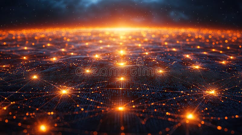 Сетевое глобальное энергетическое поле, светящиеся узлы, соединенные через темную местность бесплатная иллюстрация