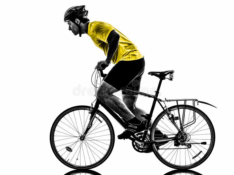 One caucasian man exercising bicycle mountain bike on white background. One caucasian man exercising bicycle mountain bike on white background