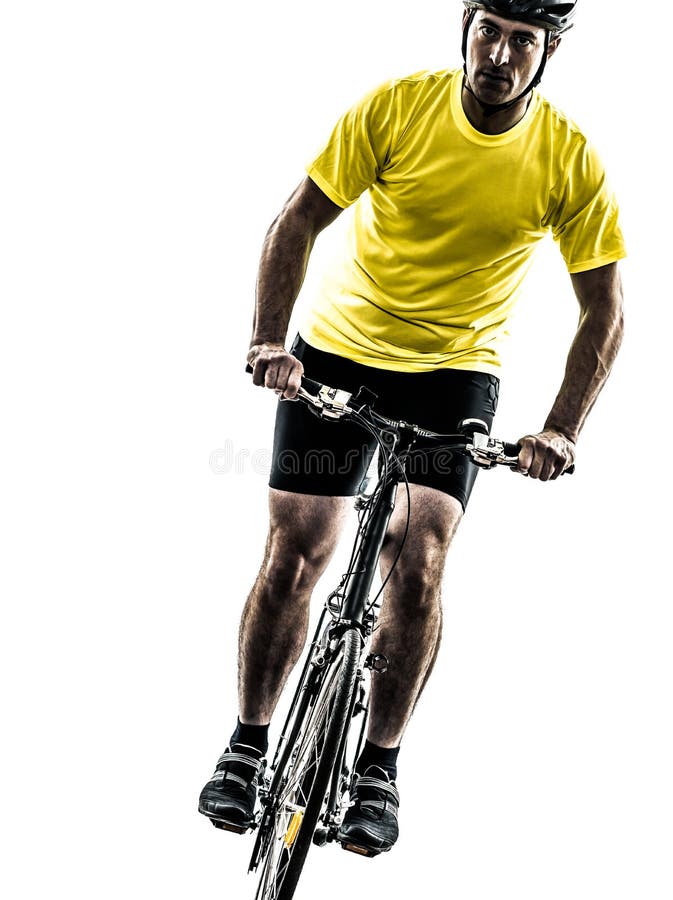 One caucasian man exercising bicycle mountain bike on white background. One caucasian man exercising bicycle mountain bike on white background