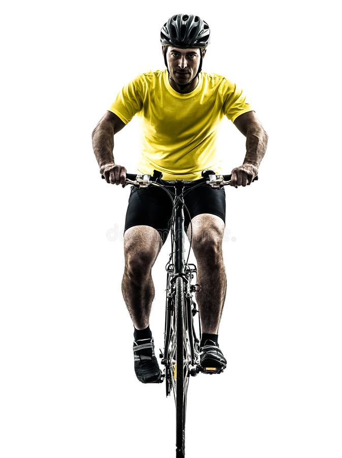 One caucasian man exercising bicycle mountain bike on white background. One caucasian man exercising bicycle mountain bike on white background