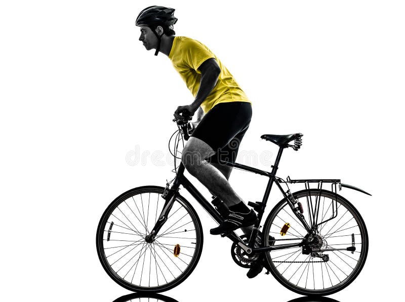 One caucasian man exercising bicycle mountain bike on white background. One caucasian man exercising bicycle mountain bike on white background