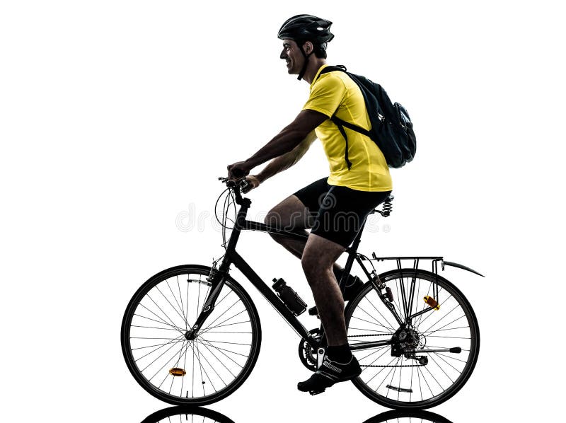 One caucasian man exercising bicycle mountain bike on white background. One caucasian man exercising bicycle mountain bike on white background